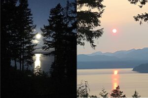 Photo of full moon and orange setting sun.